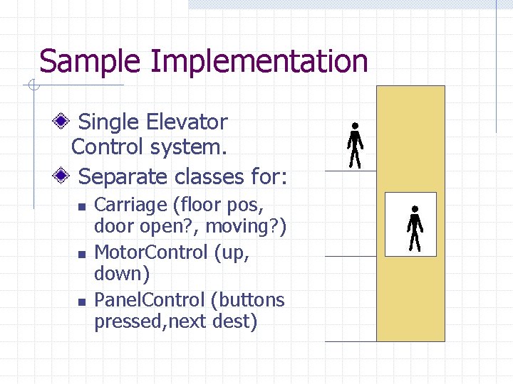 Sample Implementation Single Elevator Control system. Separate classes for: n n n Carriage (floor