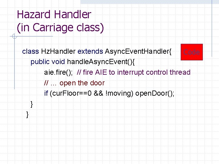 Hazard Handler (in Carriage class) class Hz. Handler extends Async. Event. Handler{ Code public