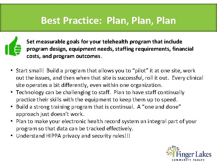 Best Practice: Plan, Plan Set measurable goals for your telehealth program that include program