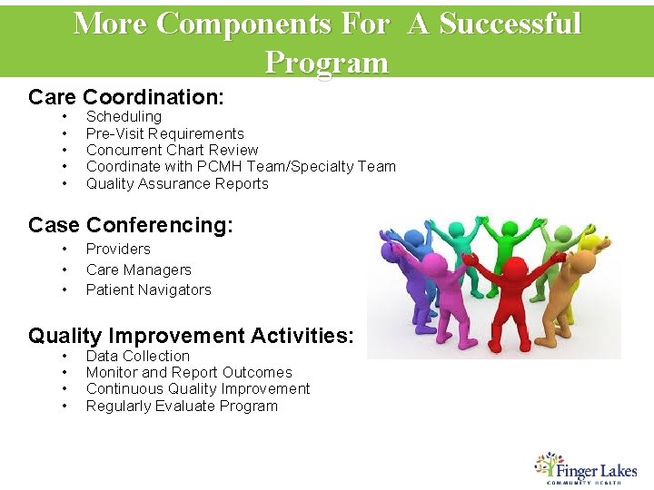 More Components For A Successful Program Care Coordination: • • • Scheduling Pre-Visit Requirements