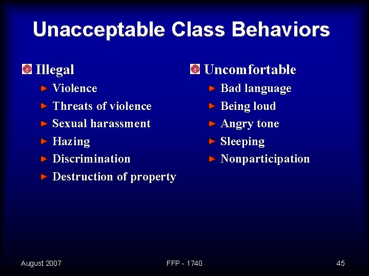 Unacceptable Class Behaviors Illegal Uncomfortable Violence Threats of violence Sexual harassment Hazing Discrimination Destruction