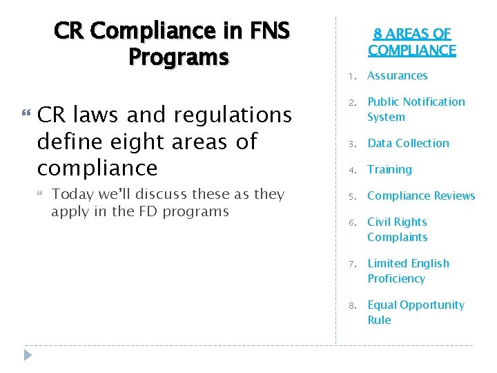 CR Compliance in FNS Programs 8 AREAS OF COMPLIANCE 1. Assurances CR laws and