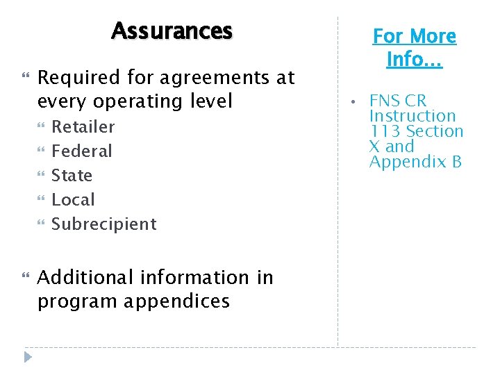Assurances Required for agreements at every operating level Retailer Federal State Local Subrecipient Additional