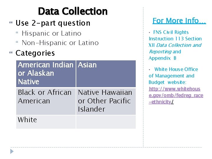 Data Collection Use 2 -part question Hispanic or Latino Non-Hispanic or Latino Categories American