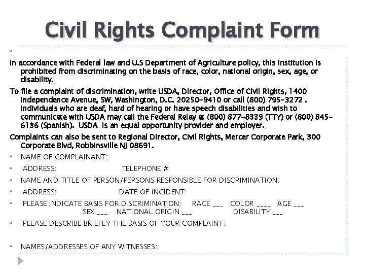  Civil Rights Complaint Form In accordance with Federal law and U. S Department