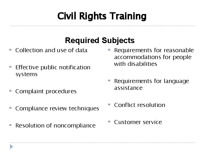 Civil Rights Training Required Subjects Collection and use of data Effective public notification systems