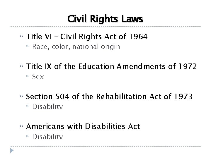 Civil Rights Laws Title VI – Civil Rights Act of 1964 Title IX of