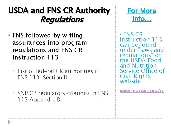 USDA and FNS CR Authority For More Info… Regulations FNS followed by writing assurances