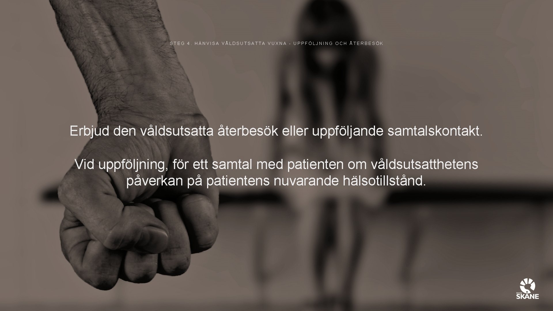 STEG 4. HÄNVISA VÅLDSUTSATTA VUXNA - UPPFÖLJNING OCH ÅTERBESÖK Erbjud den våldsutsatta återbesök eller