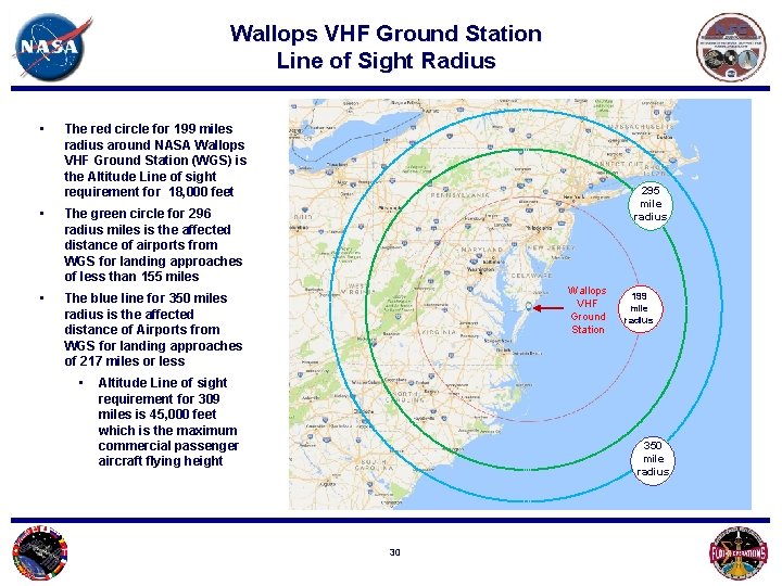 Wallops VHF Ground Station Line of Sight Radius • The red circle for 199