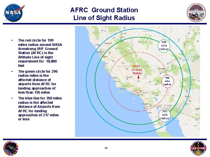 AFRC Ground Station Line of Sight Radius • • • The red circle for