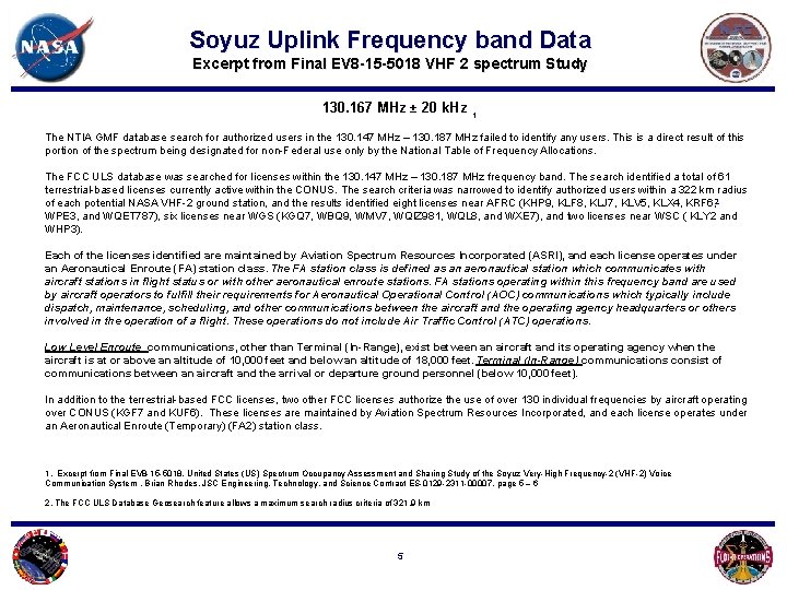 Soyuz Uplink Frequency band Data Excerpt from Final EV 8 -15 -5018 VHF 2