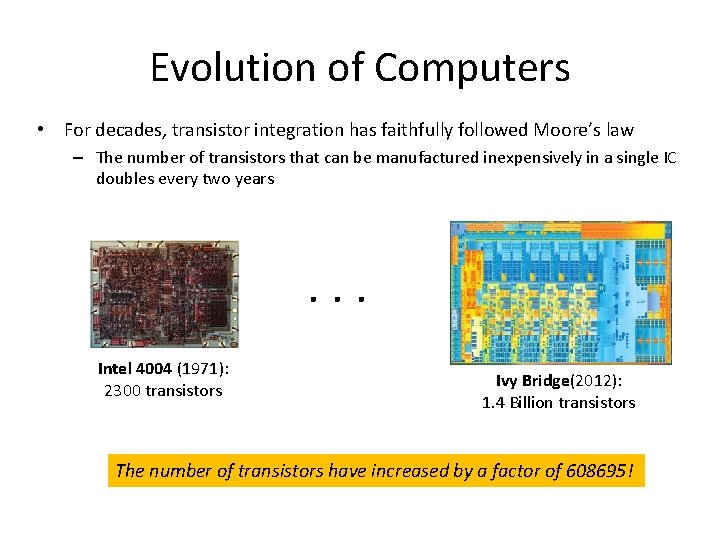 Evolution of Computers • For decades, transistor integration has faithfully followed Moore’s law – Evolution of Computers • For decades, transistor integration has faithfully followed Moore’s law –