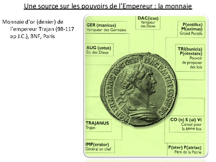 Une source sur les pouvoirs de l’Empereur : la monnaie Monnaie d’or (denier) de
