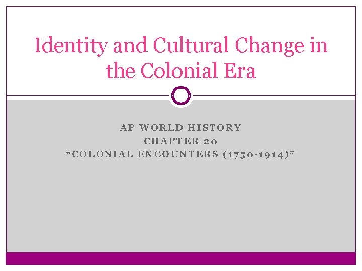 Identity and Cultural Change in the Colonial Era AP WORLD HISTORY CHAPTER 20 “COLONIAL