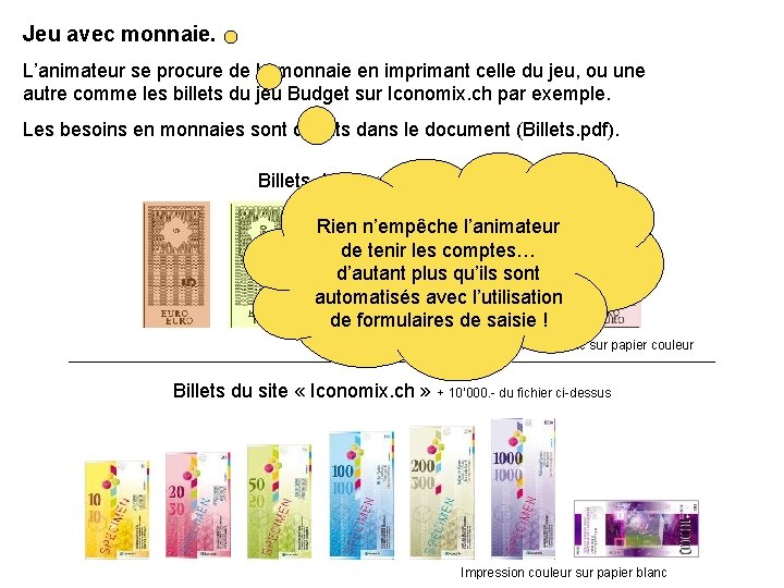 Jeu avec monnaie. L’animateur se procure de la monnaie en imprimant celle du jeu,