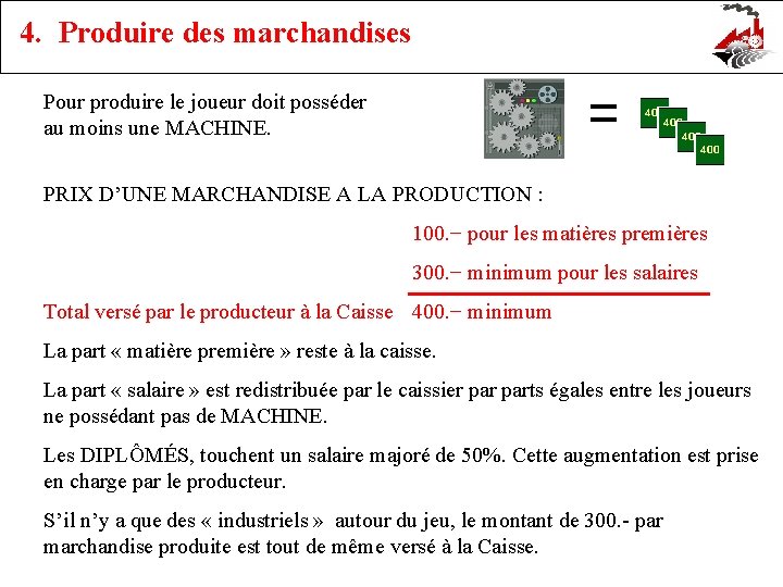 4. Produire des marchandises Pour produire le joueur doit posséder au moins une MACHINE.