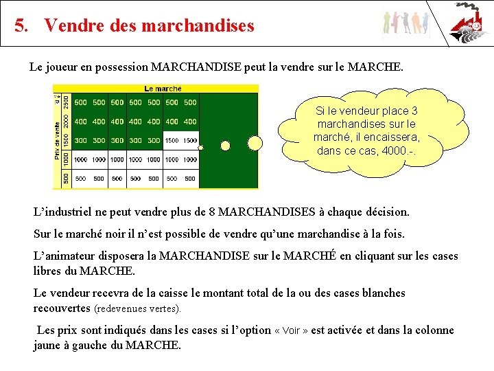 5. Vendre des marchandises Le joueur en possession MARCHANDISE peut la vendre sur le