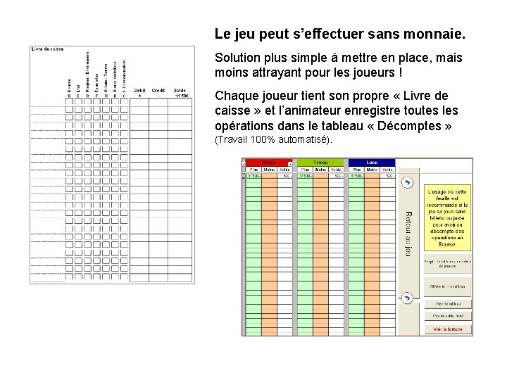 Le jeu peut s’effectuer sans monnaie. Solution plus simple à mettre en place, mais