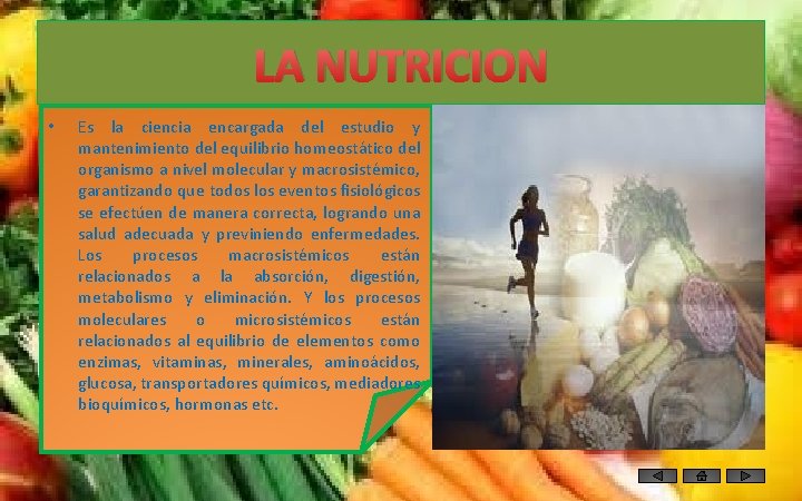 LA NUTRICION • Es la ciencia encargada del estudio y mantenimiento del equilibrio homeostático