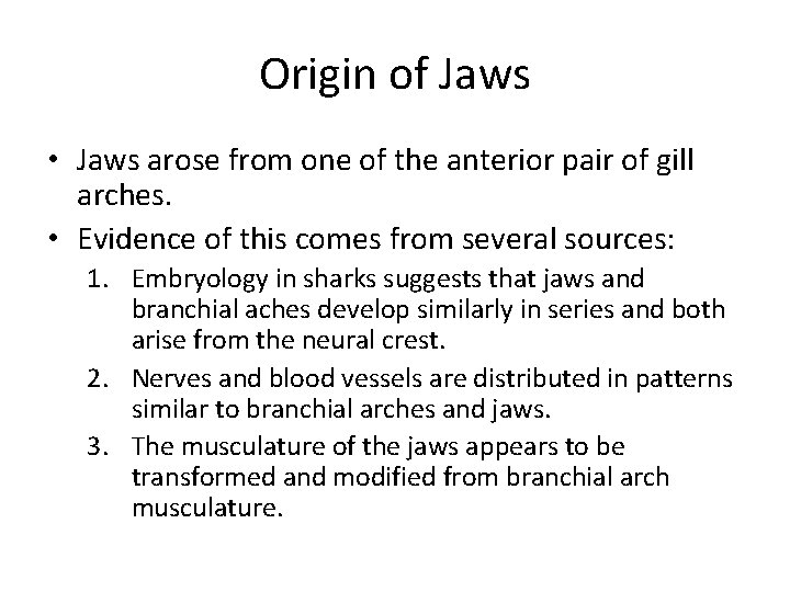 Origin of Jaws • Jaws arose from one of the anterior pair of gill