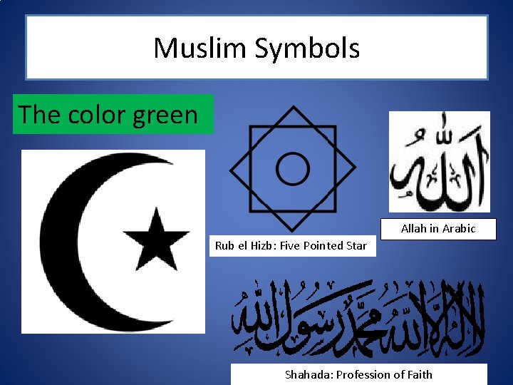 Muslim Symbols The color green Allah in Arabic Rub el Hizb: Five Pointed Star