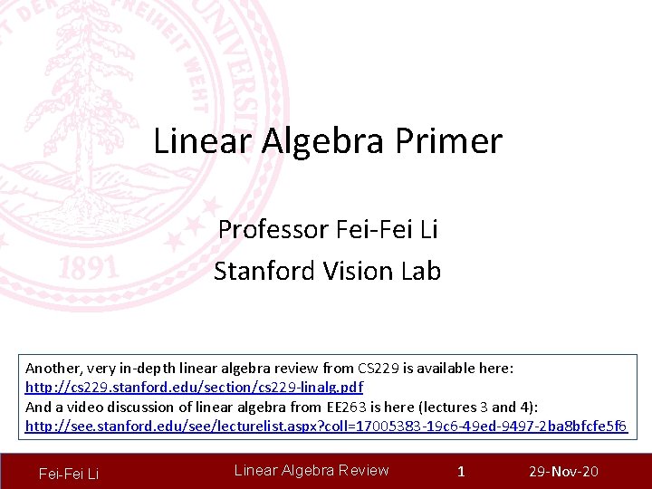 Linear Algebra Primer Professor Fei-Fei Li Stanford Vision Lab Another, very in-depth linear algebra