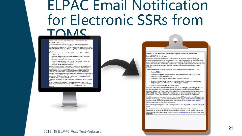 ELPAC Email Notification for Electronic SSRs from TOMS 2018– 19 ELPAC Post-Test Webcast 21