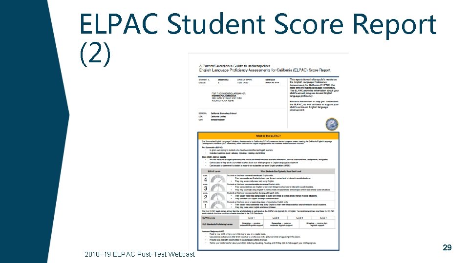 ELPAC Student Score Report (2) 2018– 19 ELPAC Post-Test Webcast 29 
