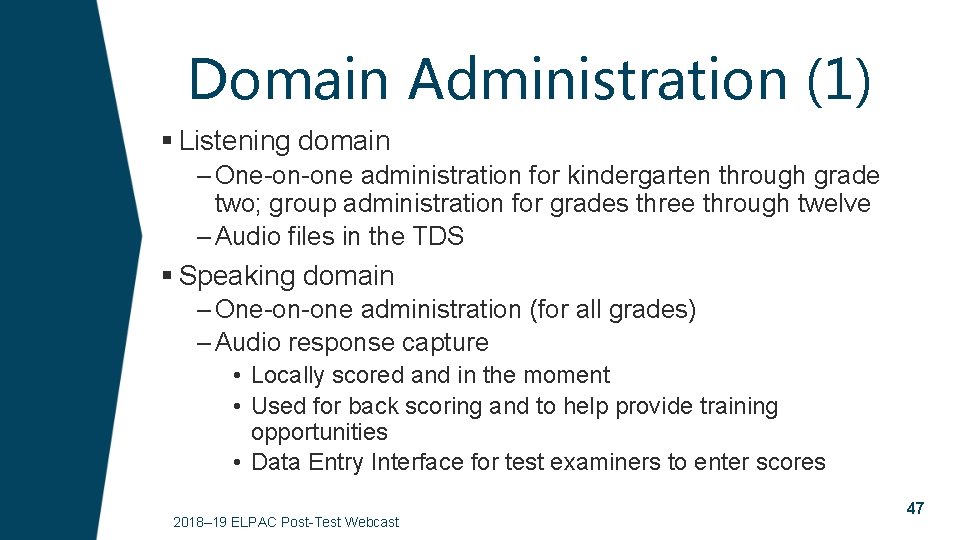 Domain Administration (1) § Listening domain – One-on-one administration for kindergarten through grade two;