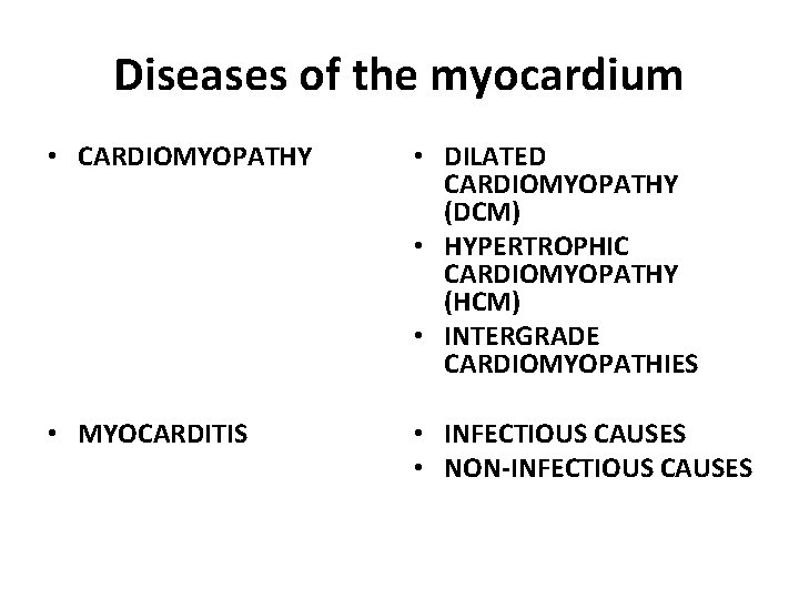 Diseases of the myocardium • CARDIOMYOPATHY • DILATED CARDIOMYOPATHY (DCM) • HYPERTROPHIC CARDIOMYOPATHY (HCM)