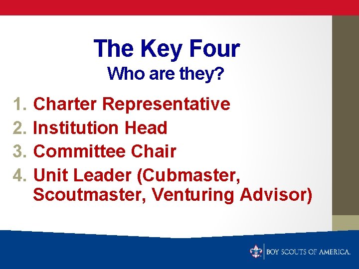 The Key Four Who are they? 1. Charter Representative 2. Institution Head 3. Committee