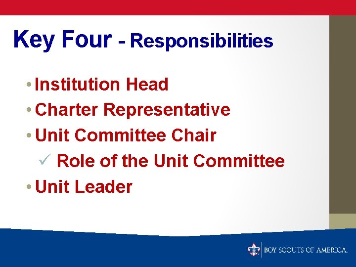Key Four - Responsibilities • Institution Head • Charter Representative • Unit Committee Chair