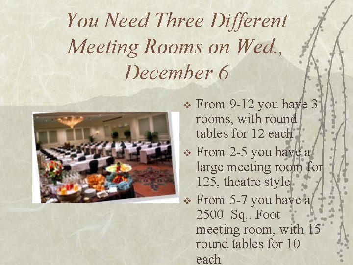 You Need Three Different Meeting Rooms on Wed. , December 6 v v v