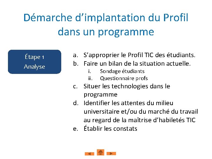 Démarche d’implantation du Profil dans un programme Étape 1 Analyse a. S’approprier le Profil