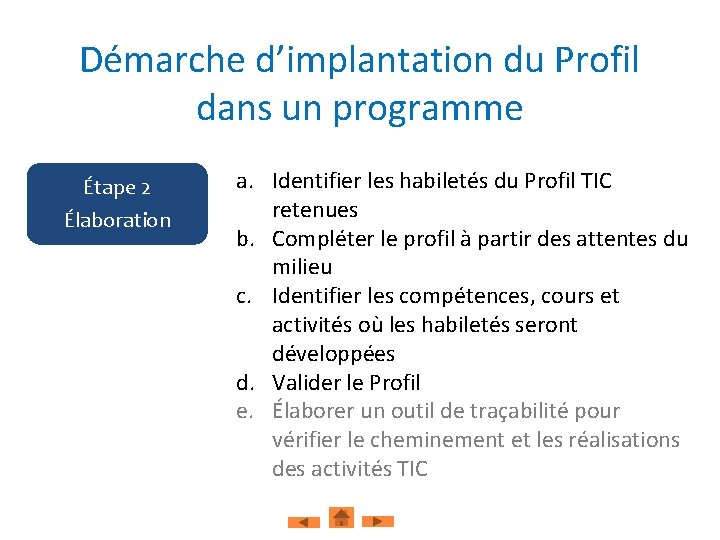 Démarche d’implantation du Profil dans un programme Étape 2 Élaboration a. Identifier les habiletés