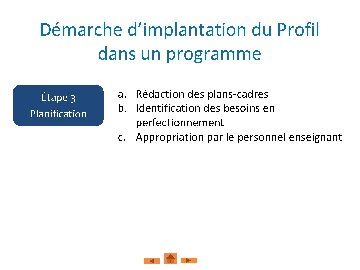 Démarche d’implantation du Profil dans un programme Étape 3 Planification a. Rédaction des plans-cadres