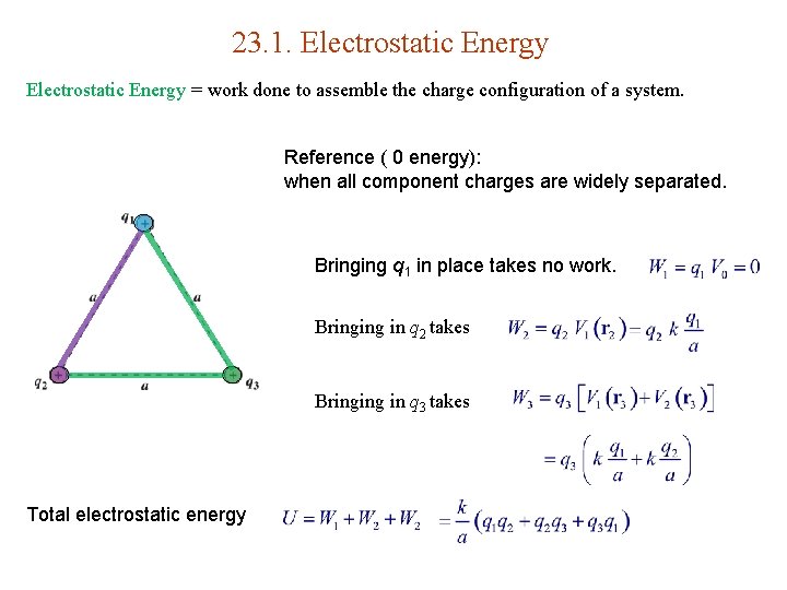 23. 1. Electrostatic Energy = work done to assemble the charge configuration of a