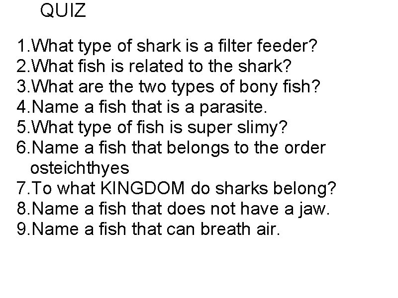 QUIZ 1. What type of shark is a filter feeder? 2. What fish is