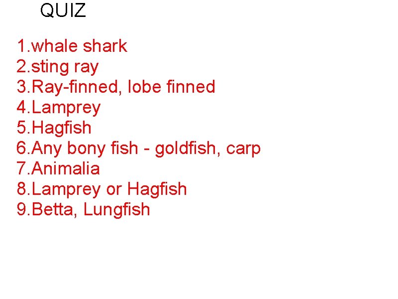 QUIZ 1. whale shark 2. sting ray 3. Ray-finned, lobe finned 4. Lamprey 5.