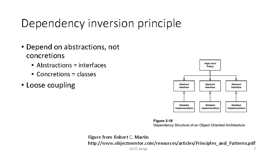 Dependency inversion principle • Depend on abstractions, not concretions • Abstractions = interfaces •