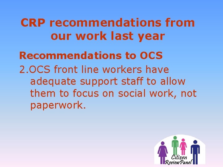 CRP recommendations from our work last year Recommendations to OCS 2. OCS front line