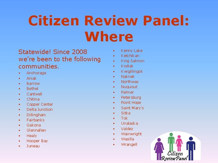 Citizen Review Panel: Where Statewide! Since 2008 we’re been to the following communities. •
