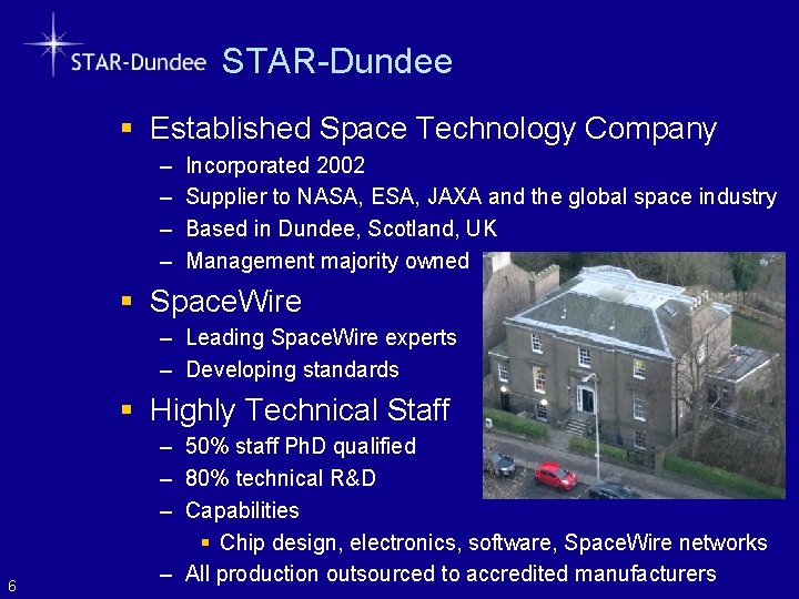 STAR-Dundee § Established Space Technology Company – – Incorporated 2002 Supplier to NASA, ESA,