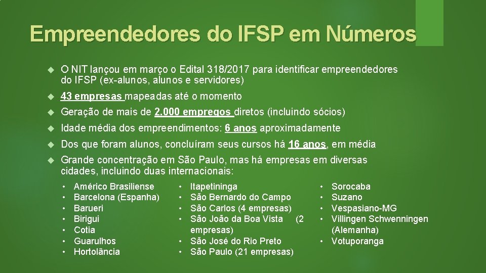 Empreendedores do IFSP em Números O NIT lançou em março o Edital 318/2017 para