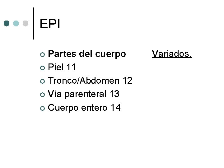 EPI Partes del cuerpo ¢ Piel 11 ¢ Tronco/Abdomen 12 ¢ Vía parenteral 13