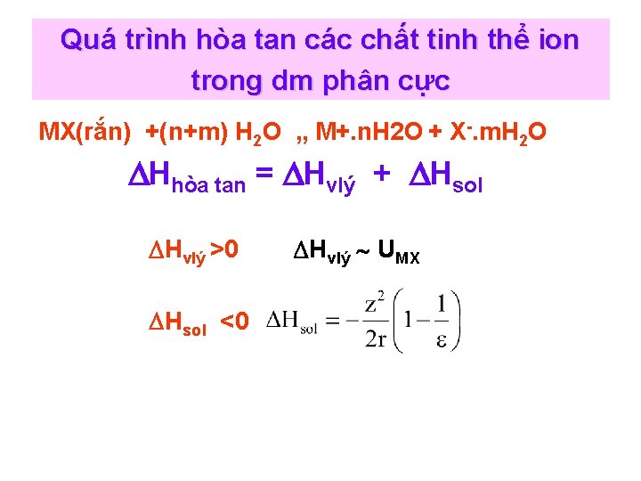 Quá trình hòa tan các chất tinh thể ion trong dm phân cực MX(rắn)