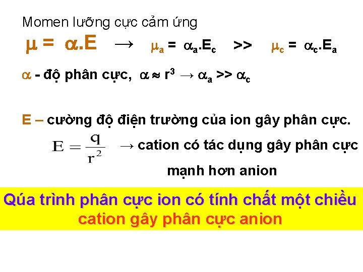 Momen lưỡng cực cảm ứng = . E → a = a. Ec >>