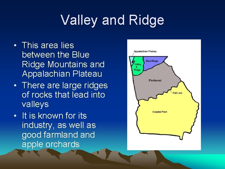 Valley and Ridge • This area lies between the Blue Ridge Mountains and Appalachian
