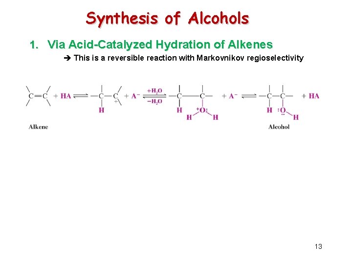 Synthesis of Alcohols 1. Via Acid-Catalyzed Hydration of Alkenes è This is a reversible